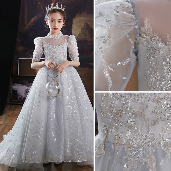 Fashion Silver Beading Sequins Lace Flower Birthday Flower Girl Dresses 2022 A-Line / Princess High Neck Short Sleeve Floor-Length / Long Flower Girl Dresses