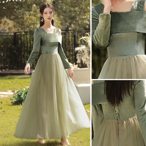 Modest / Simple Olive Green Velour Bridesmaid Dresses 2022 Bridesmaid A-Line / Princess Square Neckline 3/4 Sleeve Backless Floor-Length / Long Wedding Party Dresses