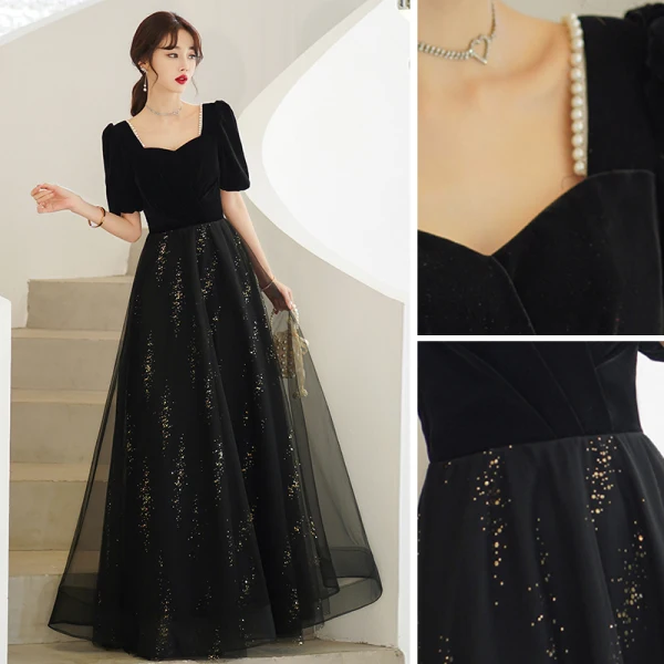 Elegant Black Sequins Prom Dresses 2022 A-Line / Princess Pearl Square Neckline Short Sleeve Backless Floor-Length / Long Formal Dresses