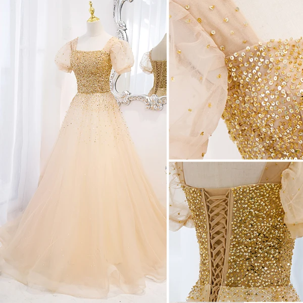 Charming Gold Prom Dresses 2022 A-Line / Princess Square Neckline Beading Sequins Puffy Short Sleeve Backless Floor-Length / Long Formal Dresses