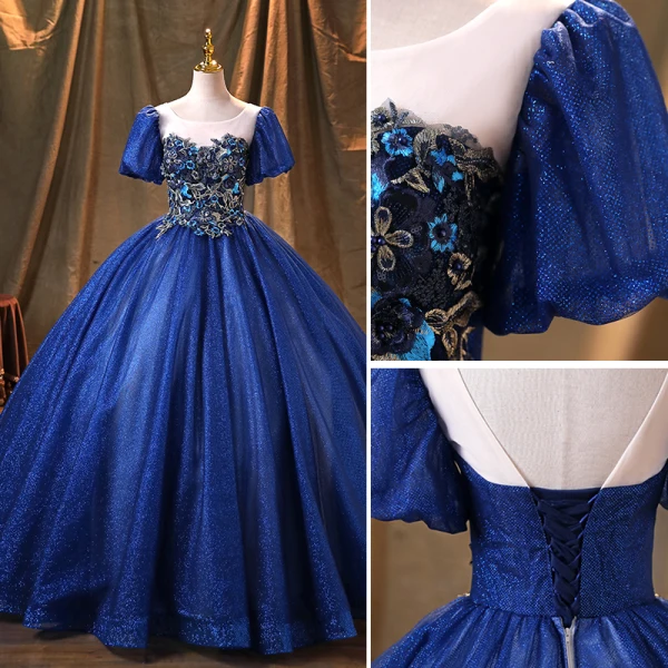 Vintage / Retro Royal Blue Glitter Prom Dresses 2022 Ball Gown Scoop Neck Beading Lace Flower Puffy Short Sleeve Backless Floor-Length / Long Formal Dresses
