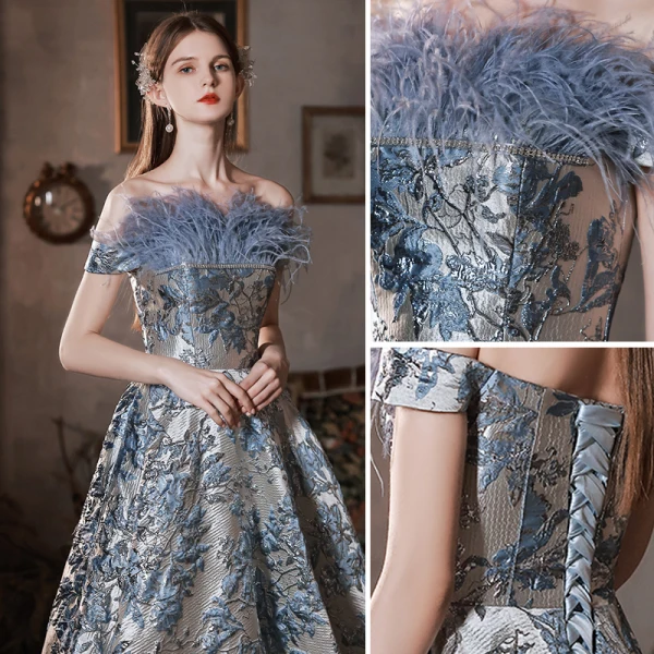 Charming Sky Blue Printing Prom Dresses 2022 A-Line / Princess Tassel Off-The-Shoulder Rhinestone Sequins Short Sleeve Backless Floor-Length / Long Formal Dresses