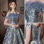 Charming Sky Blue Printing Prom Dresses 2022 A-Line / Princess Tassel Off-The-Shoulder Rhinestone Sequins Short Sleeve Backless Floor-Length / Long Formal Dresses