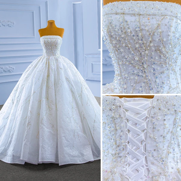 Luxury / Gorgeous Ivory Wedding Dresses 2022 Ball Gown Strapless Beading Pearl Sequins Sleeveless Backless Chapel Train Wedding