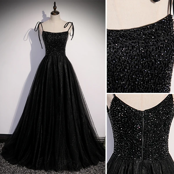 Chic / Beautiful Black Prom Dresses 2022 A-Line / Princess Spaghetti Straps Beading Sleeveless Backless Floor-Length / Long Formal Dresses