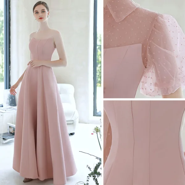 Elegant Blushing Pink Spotted Prom Dresses 2021 A-Line / Princess Short Sleeve Backless Floor-Length / Long Formal Dresses