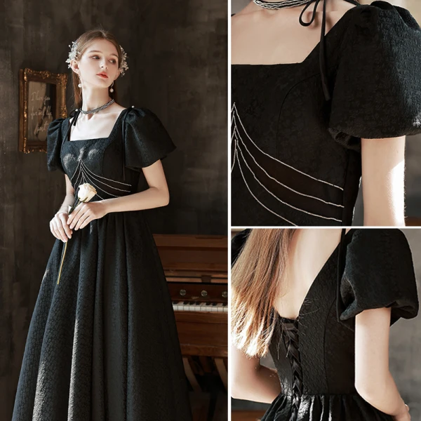 Mode Noire Robe De Bal 2022 Princesse Encolure Carrée Manches Courtes Dos Nu Longue Robe De Ceremonie