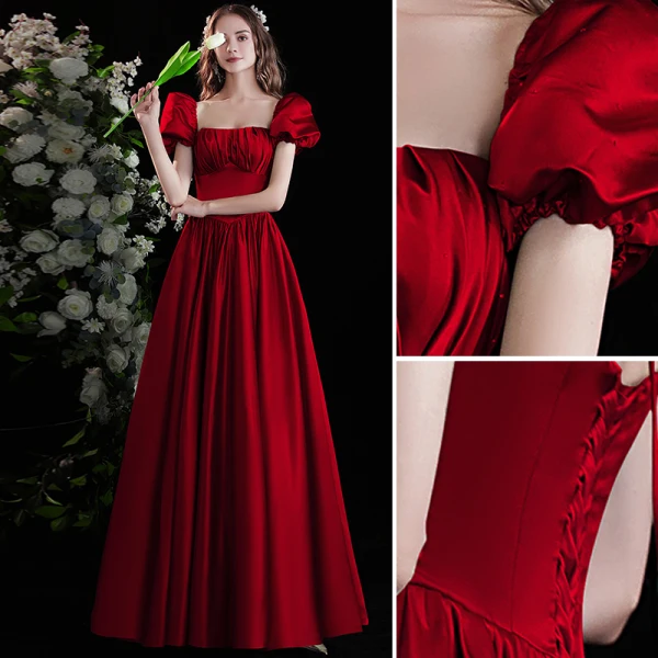 Modest / Simple Burgundy Satin Prom Dresses 2022 A-Line / Princess Square Neckline Puffy Short Sleeve Backless Floor-Length / Long Formal Dresses