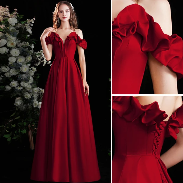 Modest / Simple Burgundy Satin Prom Dresses 2022 A-Line / Princess Off-The-Shoulder Short Sleeve Backless Floor-Length / Long Formal Dresses