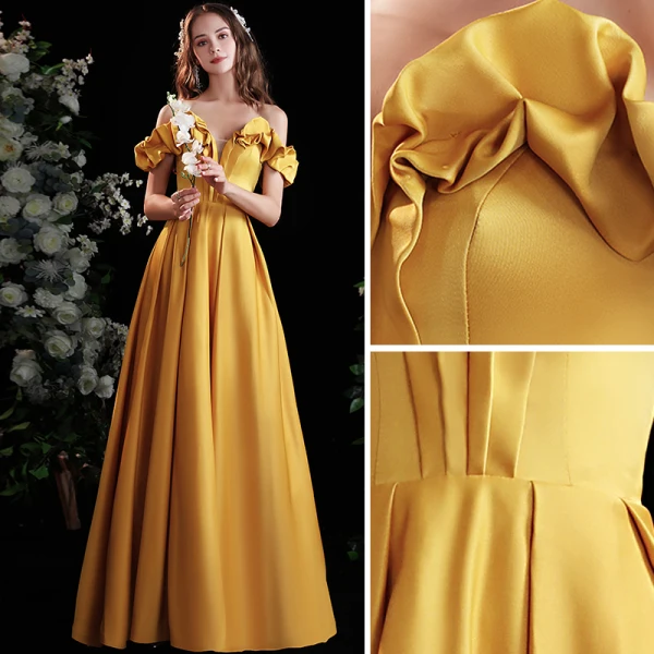 Elegant Yellow Satin Prom Dresses 2022 A-Line / Princess Ruffle Off-The-Shoulder Short Sleeve Backless Floor-Length / Long Formal Dresses