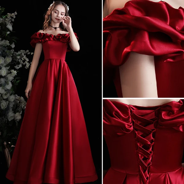 Flotte Bourgogne Solid Farve Satin Gallakjoler 2022 Prinsesse Flæse Off-The-Shoulder Kort Ærme Halterneck Lange Kjoler