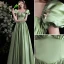 Elegant Sage Green Solid Color Satin Prom Dresses 2022 A-Line / Princess Square Neckline Puffy Short Sleeve Backless Floor-Length / Long Formal Dresses