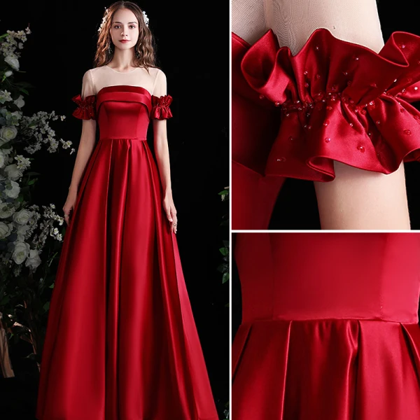 Elegant Burgundy Satin Prom Dresses 2022 A-Line / Princess Scoop Neck Short Sleeve Backless Floor-Length / Long Formal Dresses