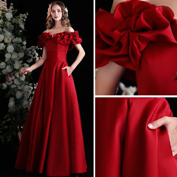 Elegant Burgundy Solid Color Satin Prom Dresses 2022 A-Line / Princess Ruffle Off-The-Shoulder Short Sleeve Backless Floor-Length / Long Formal Dresses
