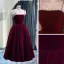 Chic / Beautiful Burgundy Suede Pearl Prom Dresses 2021 A-Line / Princess Spaghetti Straps Sleeveless Tea-length Formal Dresses