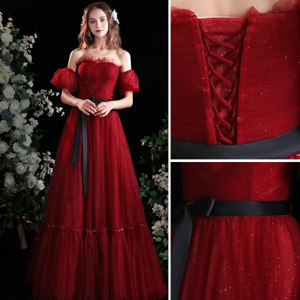 Chic / Beautiful Burgundy Prom Dresses 2022 A-Line / Princess Off-The-Shoulder Sash Bow Short Sleeve Backless Floor-Length / Long Formal Dresses