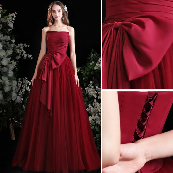 Chic / Beautiful Burgundy Prom Dresses 2022 A-Line / Princess Strapless Sleeveless Backless Bow Floor-Length / Long Formal Dresses