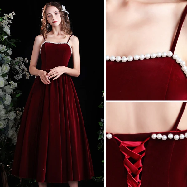 Chic / Beautiful Burgundy Suede Homecoming Graduation Dresses Prom Dresses 2022 A-Line / Princess Spaghetti Straps Pearl Sleeveless Backless Tea-length Formal Dresses