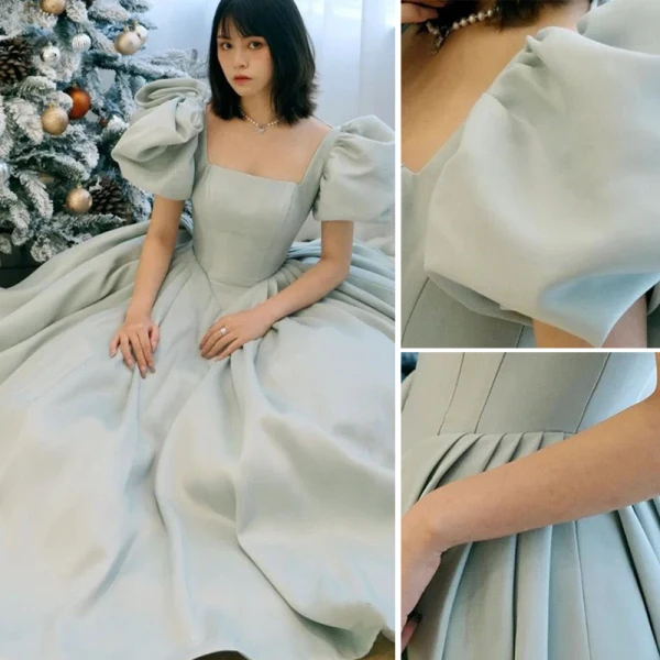 Chic / Beautiful Mint Green Prom Dresses 2022 A-Line / Princess Square Neckline Puffy Short Sleeve Backless Floor-Length / Long Formal Dresses