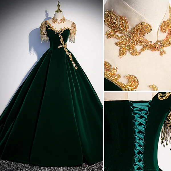Chinese style Dark Green Suede Prom Dresses 2022 High Neck Beading Sequins Short Sleeve Rhinestone Tassel Floor-Length / Long Formal Dresses