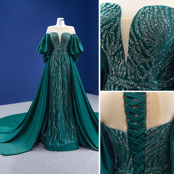 Vintage / Retro High Low Dark Green Beading Sequins Satin Prom Dresses 2022 Trumpet / Mermaid Scoop Neck Puffy 3/4 Sleeve Floor-Length / Long Formal Dresses