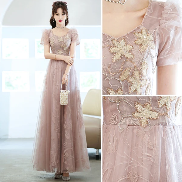 Chic / Beautiful Blushing Pink Prom Dresses 2022 A-Line / Princess V-Neck Pearl Beading Lace Flower Short Sleeve Backless Floor-Length / Long Formal Dresses