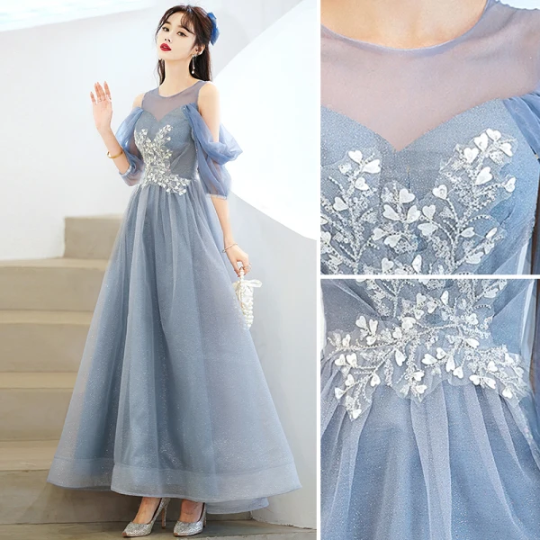 Charmant Bleu Ciel Perlage Glitter Paillettes Robe De Bal 2022 Princesse Encolure Dégagée Manches Courtes Dos Nu Longue Robe De Ceremonie