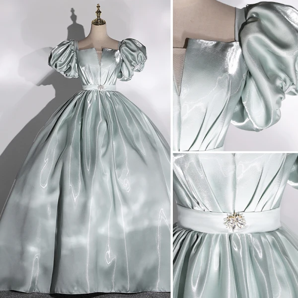 Classy Sage Green Satin Prom Dresses 2022 Ball Gown Square Neckline Puffy Short Sleeve Backless Bow Floor-Length / Long Formal Dresses