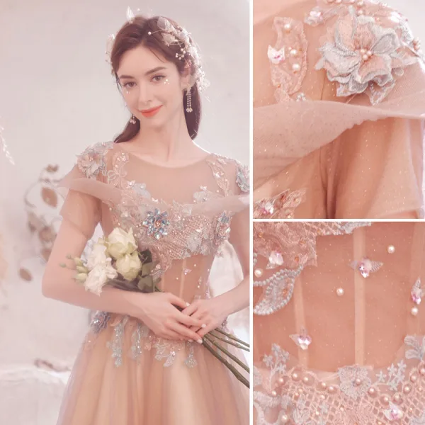 Charmant Rougissant Rose Perlage Perle Paillettes En Dentelle Fleur Robe De Bal 2021 Princesse Encolure Dégagée Manches Courtes Dos Nu Longue Robe De Ceremonie