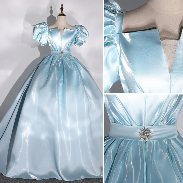 Élégant Bleu Ciel Satin Robe De Bal 2022 Robe Boule Gonflée Encolure Carrée Faux Diamant Ceinture Manches Courtes Dos Nu Longue Robe De Ceremonie