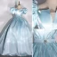 Élégant Bleu Ciel Satin Robe De Bal 2022 Robe Boule Gonflée Encolure Carrée Faux Diamant Ceinture Manches Courtes Dos Nu Longue Robe De Ceremonie