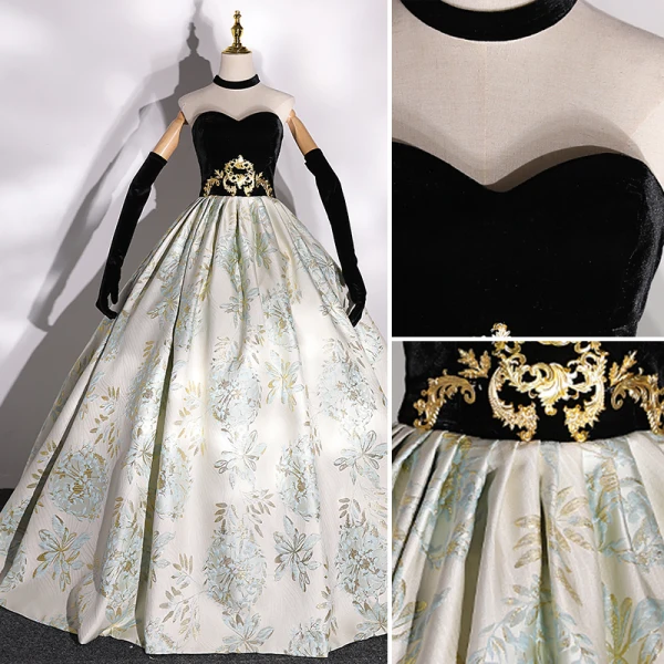 Elegante Schwarz Satin Drucken Ballkleider 2022 Ballkleid Rundhalsausschnitt Gold Stoffgürtel Ärmellos Rückenfreies Lange Festliche Kleider