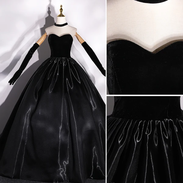 Vintage / Retro Black Satin Suede Prom Dresses 2022 Ball Gown Strapless Sleeveless Backless Floor-Length / Long Formal Dresses