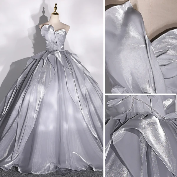 Mode Silber Grau Fallende Rüsche Ballkleider 2022 Ballkleid Bandeau Ärmellos Rückenfreies Lange Festliche Kleider