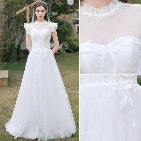 Chic / Beautiful White Lace Flower Wedding Dresses 2022 A-Line / Princess Scoop Neck Sleeveless Floor-Length / Long Wedding