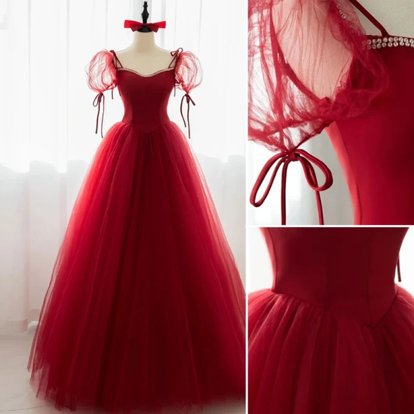 Chic / Beautiful Burgundy Prom Dresses 2022 A-Line / Princess Square Neckline Rhinestone Puffy Short Sleeve Backless Floor-Length / Long Formal Dresses