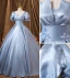 Vintage / Retro Sky Blue Satin Prom Dresses 2022 Ball Gown Square Neckline Puffy Short Sleeve Backless Floor-Length / Long Formal Dresses