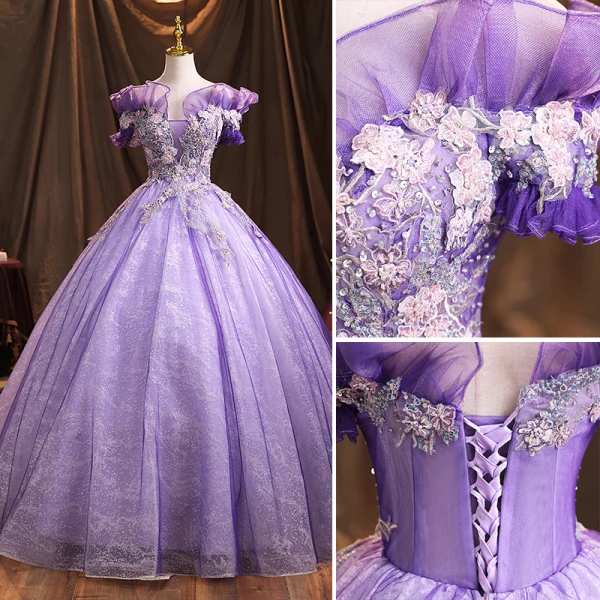 Chic / Belle Lilas En Dentelle Fleur Robe De Bal 2022 Robe Boule Volants De l'épaule Perlage Faux Diamant Paillettes Perle Manches Courtes Dos Nu Thé Longueur Robe De Ceremonie