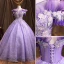 Chic / Belle Lilas En Dentelle Fleur Robe De Bal 2022 Robe Boule Volants De l'épaule Perlage Faux Diamant Paillettes Perle Manches Courtes Dos Nu Thé Longueur Robe De Ceremonie