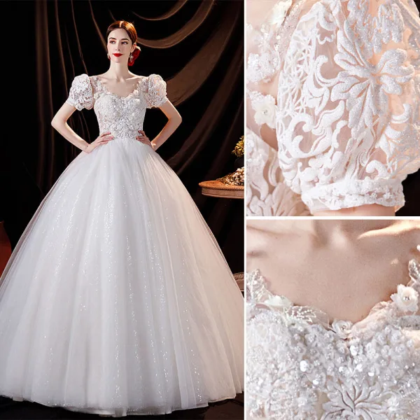 Charming Ivory Beading Wedding Dresses 2021 Ball Gown V-Neck Lace Flower Appliques Sequins Short Sleeve Backless Floor-Length / Long Wedding