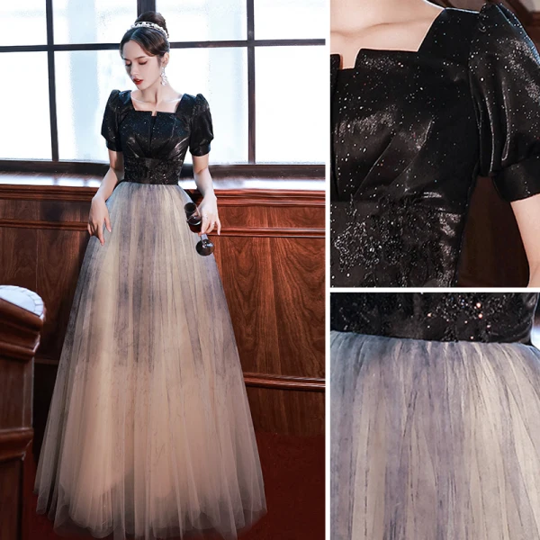 Élégant Noire Paillettes Faux Diamant Robe De Bal 2022 Princesse Encolure Carrée Manches Courtes Dos Nu Longue Robe De Ceremonie