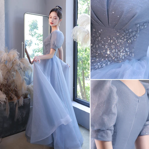 Chic / Belle Bleu Ciel Glitter Robe De Bal 2022 Princesse Encolure Carrée Paillettes Gonflée Manches Courtes Dos Nu Longue Robe De Ceremonie