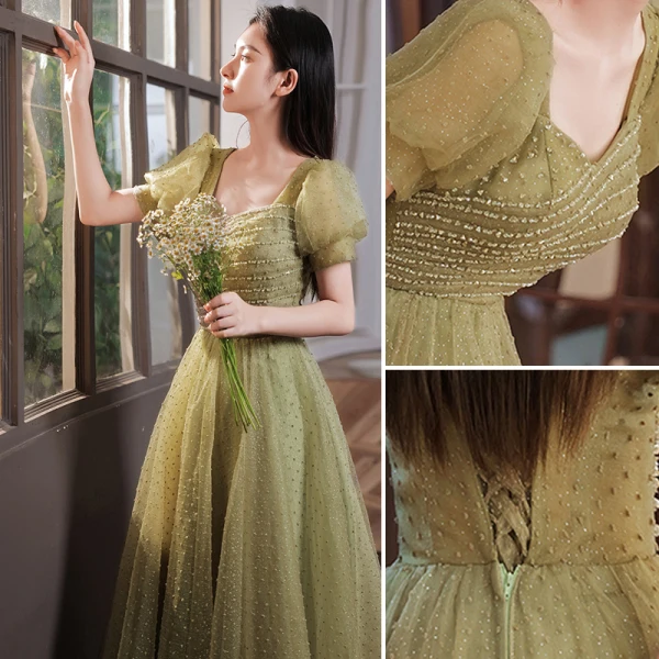 Chic / Belle Vert Trèfle Robe De Bal 2022 Princesse Encolure Carrée Perlage Paillettes Manches Courtes Dos Nu Longue Robe De Ceremonie