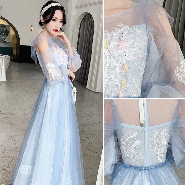 Charming Flower Fairy Sky Blue Lace Flower Prom Dresses 2022 A-Line / Princess Scoop Neck Beading Pearl Rhinestone 3/4 Sleeve Floor-Length / Long Formal Dresses