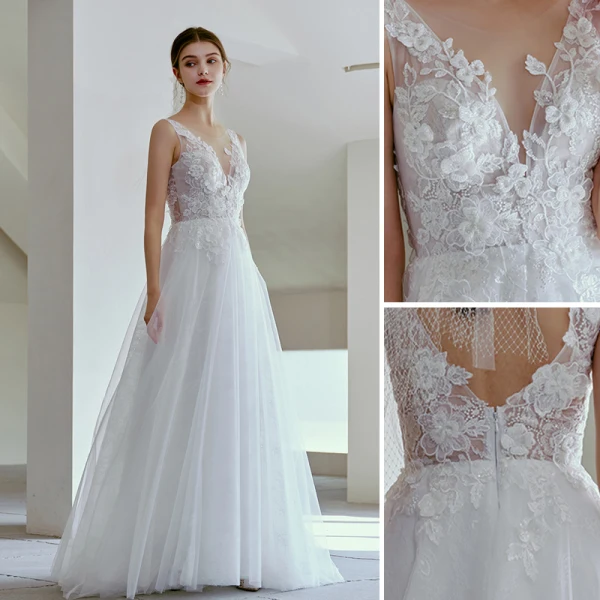 Light White Beading Lace Flower Beach Wedding Dresses 2022 A-Line / Princess V-Neck Sleeveless Backless Floor-Length / Long Wedding