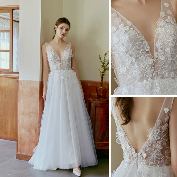 Leichtes Weiß Perlenstickerei Spitze Blumen Strand Brautkleider / Hochzeitskleider 2022 A Linie V-Ausschnitt Ärmellos Rückenfreies Lange