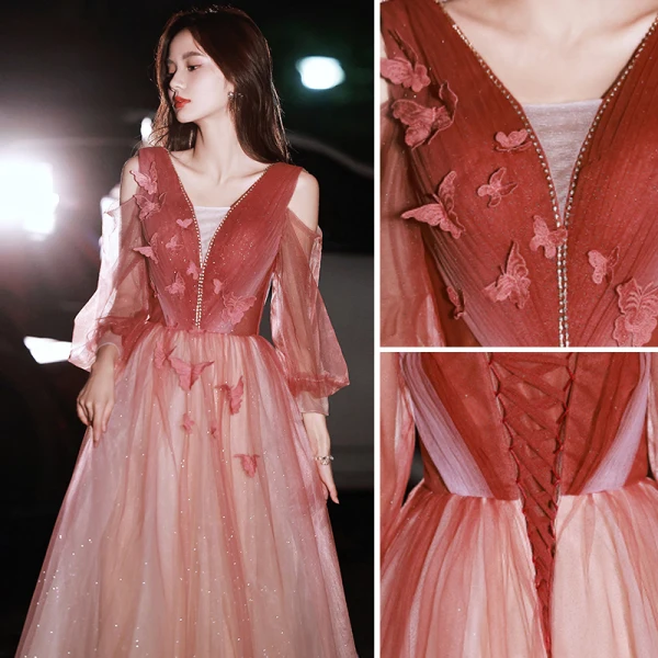 Charmant Rouge En Dentelle Papillon Robe De Bal 2022 Princesse Faux Diamant V-Cou Manches Longues Dos Nu Longue Robe De Ceremonie