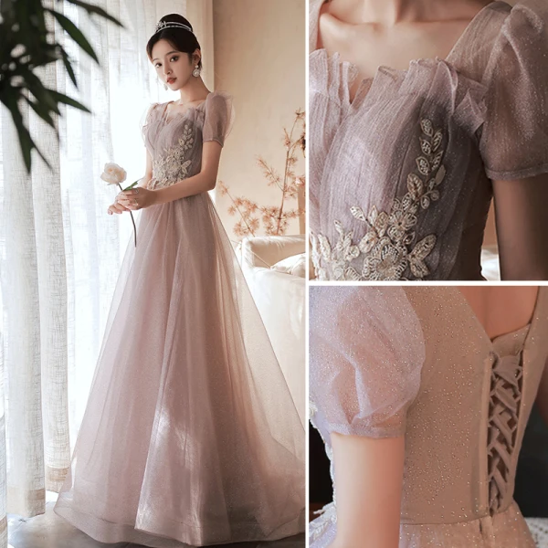 Scintillantes Rougissant Rose Robe De Bal 2022 Princesse Encolure Carrée Perlage Paillettes En Dentelle Fleur Manches Courtes Dos Nu Longue Robe De Ceremonie