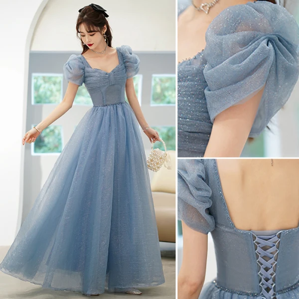Chic / Beautiful Sky Blue Glitter Sequins Prom Dresses 2022 A-Line / Princess Square Neckline Rhinestone Puffy Short Sleeve Backless Floor-Length / Long Formal Dresses