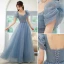 Chic / Beautiful Sky Blue Glitter Sequins Prom Dresses 2022 A-Line / Princess Square Neckline Rhinestone Puffy Short Sleeve Backless Floor-Length / Long Formal Dresses